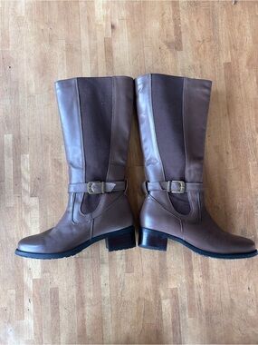David Tate Taupe Brown Mid-Calf Buckle Riding Boots
